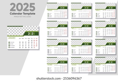 Modelo do calendário 2025 com área de foto personalizável e destaques verdes