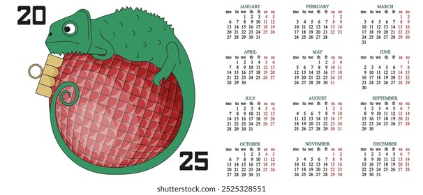 2025 Projeto de modelo de calendário com lagarto estilo cartoonish na bola de Natal. Calendário com salamandra vetorial isolado branco. Impressão horizontal da tampa do Calendário. EPS 10