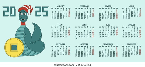 2025 Calendar template design with Chinese Zodiac 2025 New Year symbol. Cute vector in trendy retro flat style.