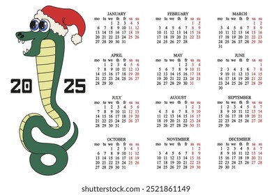 2025 Calendário modelo design com cobra estilo cartoonish bonito em chapéu de santa. 2025 Calendário do ano novo. Calendário vetorial. EPS 10