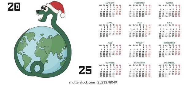 2025 Projeto de modelo de calendário com estilo plano Snake em Santa Chapéu. Calendário com vetor Snake isolado branco. Impressão horizontal da tampa do Calendário. EPS 10