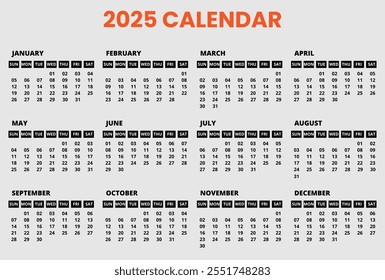 2025 Diseño de Plantilla de Calendario. Feliz año Nuevo 2025. Diseño del calendario. Calendario de fechas de todo el mes 2025. Nuevo año 2025.