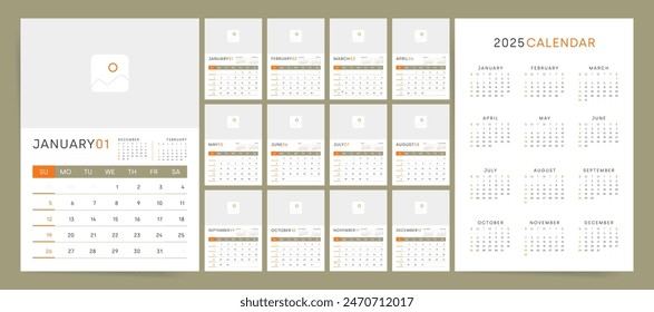 2025 Calendar Template Design. Modern Vertical A4 2025 Calendar Design. Monthly Desk and Wall Planner in Green and Orange. Ideal for Office Branding and Corporate Planning Calendar 2025.	
