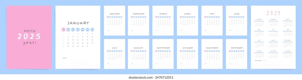 2025 Calendar Template Design. Office Calendar 2025 in White Pink Blue Colors. Vertical A4 Calendar in simple clean style for wall and desk. English Vector Calendar 2025 layout.