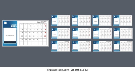 Plantilla del calendario 2025. Diseño del calendario con espacio para la imagen cada mes, conjunto de Vectores de diseño creativo del calendario 2025. Adecuado para empresas, empresas, negocios, finanzas y escuelas