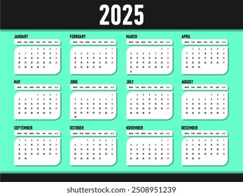 Calendario 2025 Plantilla, Calendario 2025 Vector de diseño, diseño único, Semana comienza domingo, Calendario de pared 2025, Vector eps 10