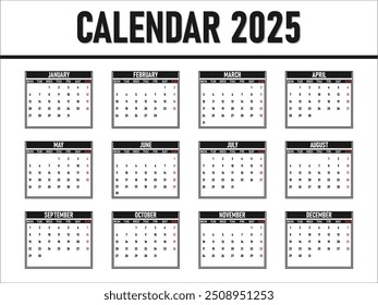 2025 Calendar template, Calendar 2025 design vector, unique design layout, Week starts Sunday, Wall calendar 2025, vector eps 10