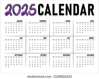 2025 Calendar template, Calendar 2025 design vector, unique design layout, Week starts Sunday, Wall calendar 2025, vector eps 10