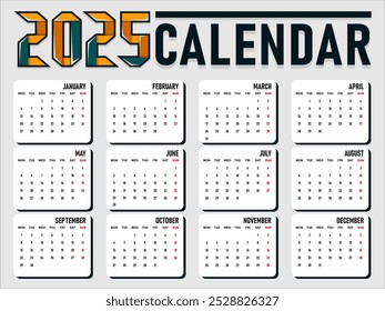 2025 Calendar template, Calendar 2025 design vector, unique design layout, Week starts Sunday, Wall calendar 2025, vector eps 10