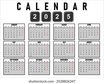 2025 Kalendervorlage, Kalender 2025 Designvektor, einzigartiges Design Layout, Woche beginnt Sonntag, Wandkalender 2025, Vektor eps 10