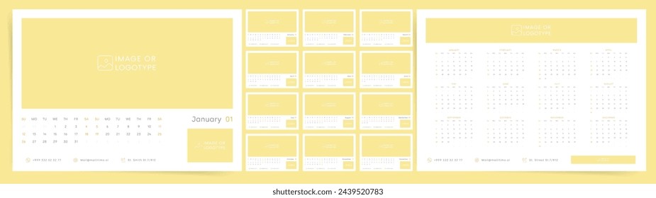 2025 Calendar Template Design. Week Starts on Sunday 2025 Office Calendar with Place For Logo and Photo Image. Corporate or Business 2025 Calendar. English Vector Calendar Layout.