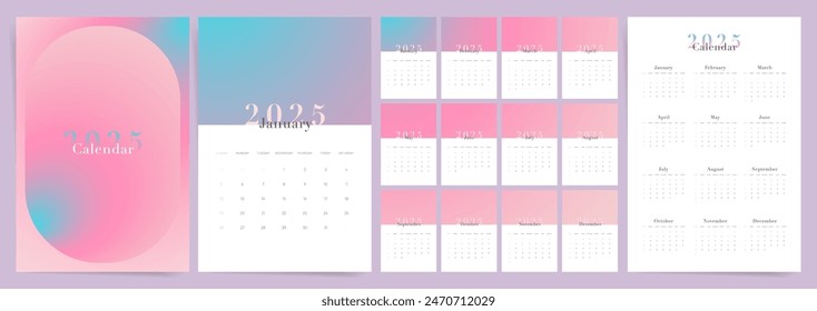 Diseño de Plantilla de Calendario 2025. La semana comienza el domingo calendario rosa de la oficina para la mujer de negocios. Diseño de gradiente estético. Planificador de escritorio en estilo minimalista de moda moderna. Diseño del calendario del Vector inglés.