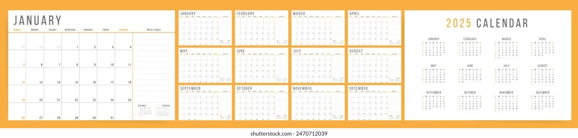 2025 Calendar Template design. Week starts on Sunday office calendar 2025. Desktop planner in simple clean style. Corporate or business calendar. Place for Notes.	