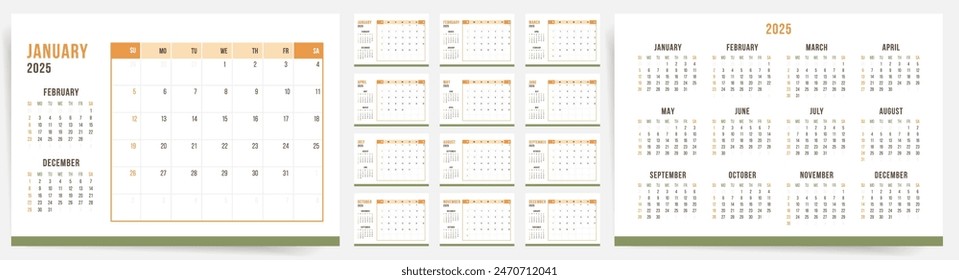 2025 Calendar template design. Week starts on Sunday office calendar. Desktop planner in simple clean style. Corporate or business calendar 2025. English vector 2025 calendar layout.	