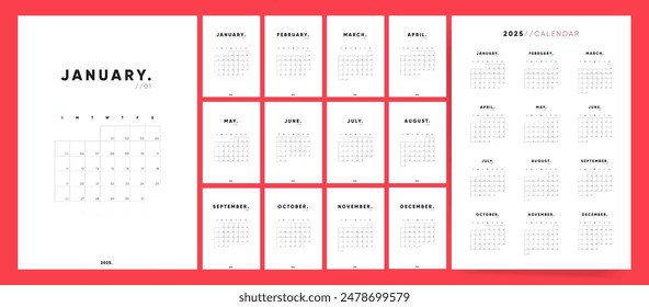 2025 Calendar template design. Week starts on Sunday office calendar. Desktop planner 2025 in simple clean style. Corporate or business calendar. English vector calendar layout.