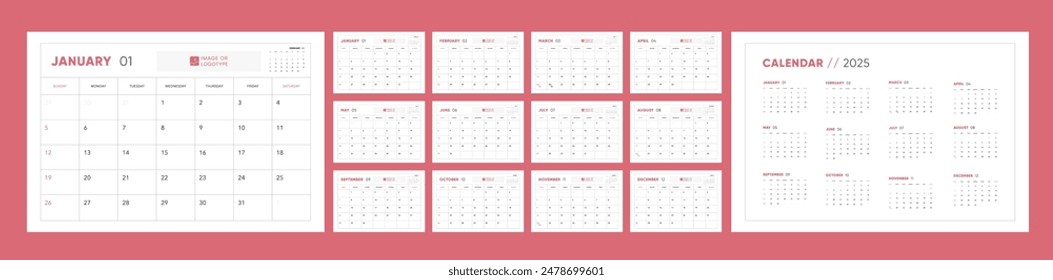 2025 Calendar template design. Week starts on Sunday office calendar. Desktop planner in simple clean style. Corporate or business calendar. English vector calendar layout.