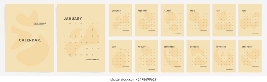 2025 Calendar template design. Week starts on Sunday aesthetic calendar. Desktop planner 2025 in simple clean style. Corporate or business calendar. English vector calendar layout.