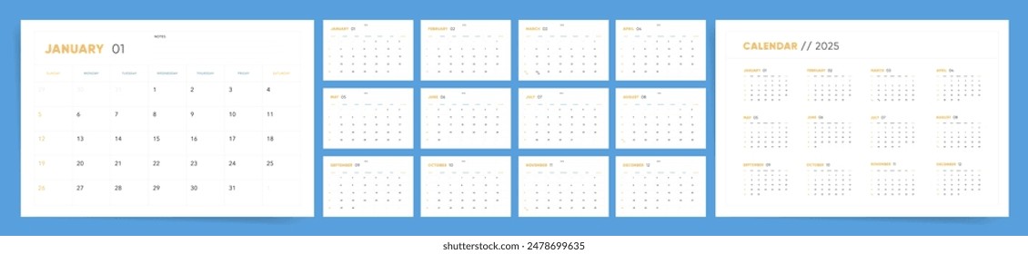 2025 Calendar template design. Week starts on Sunday office calendar. Desktop planner in minimalism clean style. Corporate classic simple calendar. English vector calendar layout.