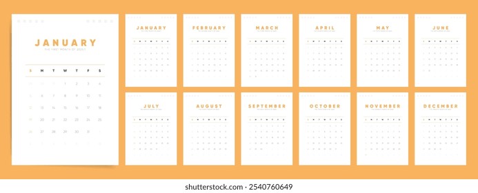 2025 Calendario de diseño de Plantilla. La semana comienza en el calendario de la oficina del domingo. Planificador de Vertical A4 en estilo simple y limpio. Calendario Corporativa o empresarial 2025. Vector inglés 2025.