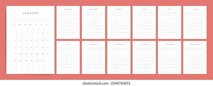 2025 Calendario de diseño de Plantilla. La semana comienza en el calendario de la oficina del domingo. Planificador de Vertical A4 en estilo moderno simple. Calendario blanco y negro 2025. Vector inglés 2025.