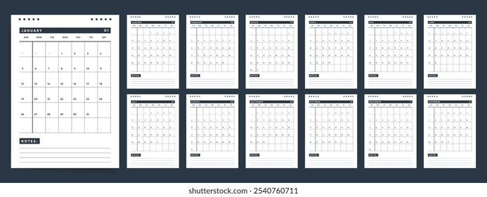 2025 Calendar template design. Week starts on Sunday office calendar. A4 vertical planner in minimalist style. Black and white calendar 2025. English vector 2025 calendar layout.