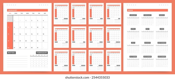 2025 Calendario de diseño de Plantilla. La semana comienza en el calendario de la oficina del domingo. Planificador de escritorio en estilo simple y limpio. Calendario Corporativa o de negocios. Diseño de calendario de Vector inglés.	