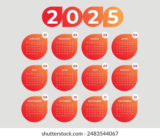 Plantilla de Calendario 2025, Calendario 2025, Calendario 2025, Diseño de Calendario, 2025, Planificador Anual con todos los Meses