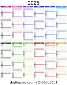 2025 calendar template for diary, organizer or planner with English texts