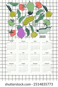 2025 calendar template with hand drawn apples, fruits, vegetables, plants