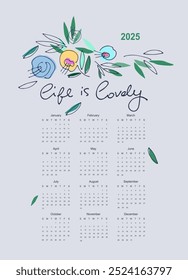 Plantilla de calendario 2025 con manzanas, frutas, verduras, plantas y flores dibujadas a mano