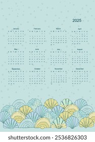 2025 calendar template with hand drawn shells, sand, sea and beach