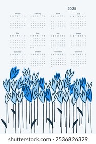 2025 calendar template with hand drawn apples, fruits, vegetables, plants and flowers