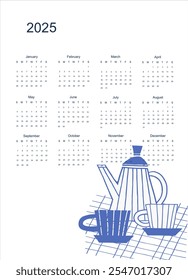 Plantilla de calendario 2025 con decoración casera dibujada a mano