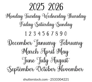 2025 calendar template, Handwritten months names vector set: December, January, February, March, April, May, June, July, August, September, October, November. Template for calendars and organizers. 