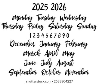 2025 calendar template, Handwritten months names vector set: December, January, February, March, April, May, June, July, August, September, October, November. Template for calendars and organizers. 