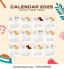 2025 Calendar template for happy new year with creative background
