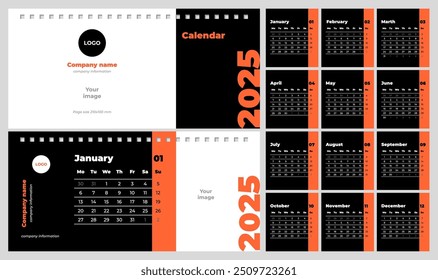 2025 calendar template. Horizontal, page size 210x100 mm, English. Free space for logo or image.