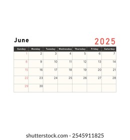 Plantilla del calendario 2025. Diseño de junio con semana a partir del domingo. Ilustración vectorial