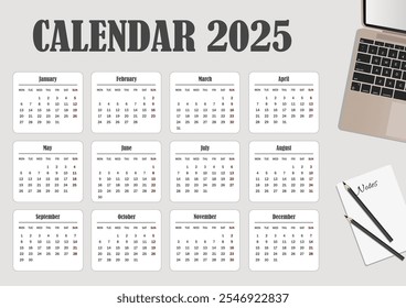 2025 calendar template with a laptop and a sheet for notes .Gray, beige and white colors. Landscape orientation. Vector illustration.