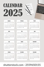 2025 calendar template with a laptop and a sheet for notes .Gray, beige and white colors.  Portrait orientation.  Vector illustration.