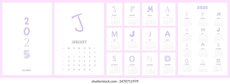 2025 Calendar Template, minimal design with creative letters.	