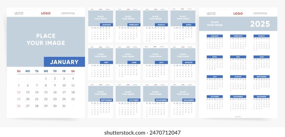 2025 Calendar Template: Modern Design in Red, Blue, and White. Monthly Desk and Wall Planner Calendar with Vertical A4 Layout. Office and Corporate Branding and Image Place. Editable Calendar 2025.	
