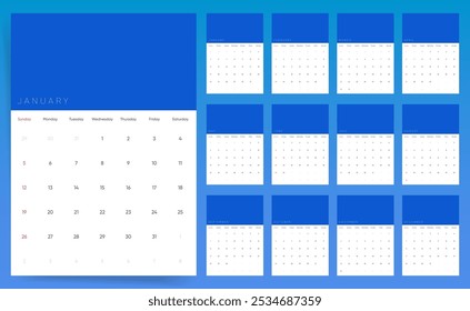 Plantilla del calendario 2025: Diseño de calendario minimalista moderno 2025 con espacio libre para logotipo y marca. Diseños anuales listos para imprimir para uso en paredes y escritorios. Calendario de Negocios Corporativa 2025.