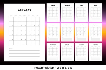 Modelo Calendário 2025, Design de Calendário 2025 Minimalista Moderno para Uso em Parede e Mesa. Layouts anuais prontos para impressão. Calendário minimalista de negócios 2025.