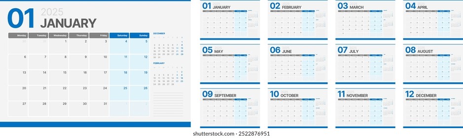 Projeto do calendário de 2025, conjunto de 12 meses. A semana começa na segunda. Vetor de modelo de calendário vertical 2025. Calendário 2025. Calendário 2025 com modelo de design simples. Comprar, Uso Corporativo. Todos os países