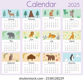 modelo do calendário de 2025. Calendário mensal 2025 para crianças com animais bonitos, modelo vertical de 12 meses. Calendário moderno para quarto de crianças, área de jogo de crianças, organizador, planejador. Ilustração vetorial