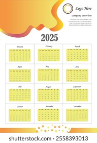 2025 Calendar, Template with Monthly Layout, Corporate Design, yellow and orange Warm Gradient Color calendar, Week Starting Sunday, Editable Vector Calendar for Office or Professional Use