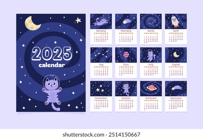 Plantilla del Calendario 2025. Calendario mensual 2025 con astronauta gato lindo espacial en el espacio. 12 meses de Plantilla de diseño. Empieza el domingo. Calendario moderno para niños. Calendario de Vertical