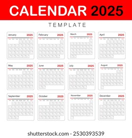 2025 Calendar Template. Monthly Calendar Template Vector