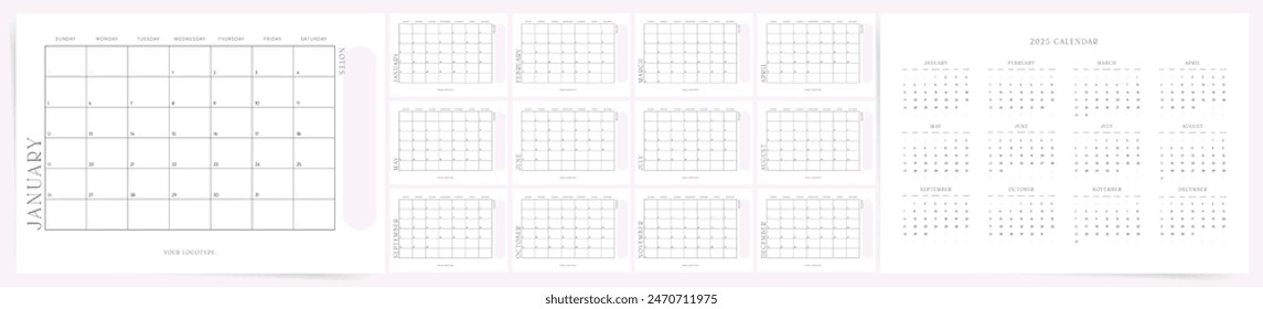 2025 Calendar Template with notes and minimalistic design.